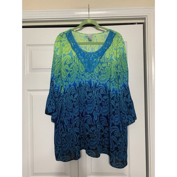 Catherine’s Flowy Crinkle Pleated Blue Green Ombré Fun Blouse Tunic Top 2X - Picture 2 of 7